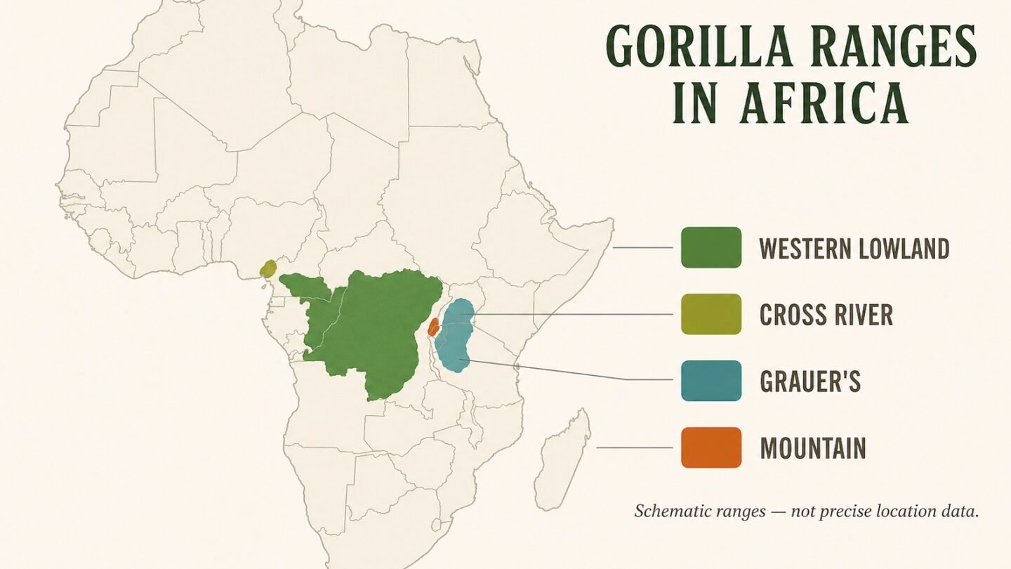Schematic map of Africa showing broad western lowland, Cross River, Grauer’s and mountain gorilla ranges