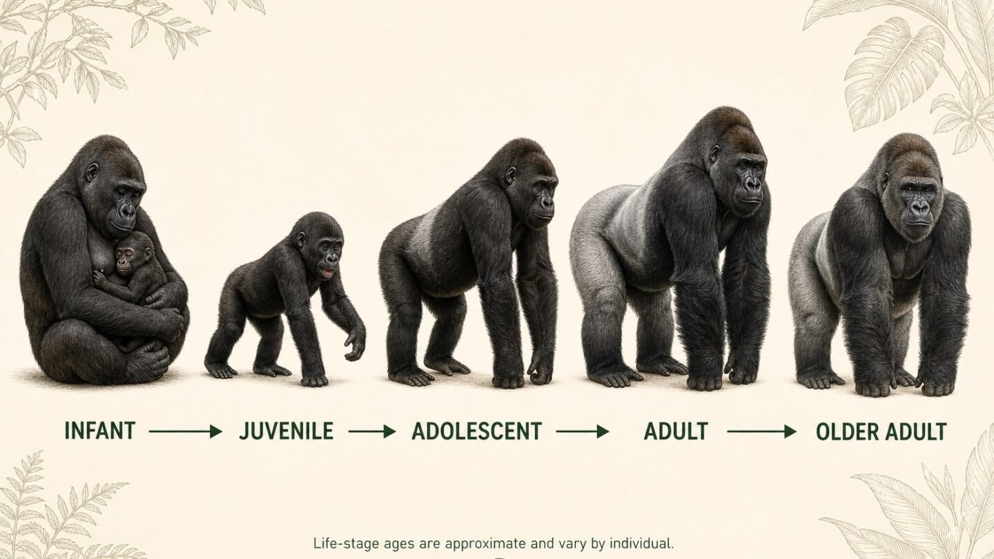 Illustrated gorilla life cycle from infant through juvenile, adolescent, adult and older adult