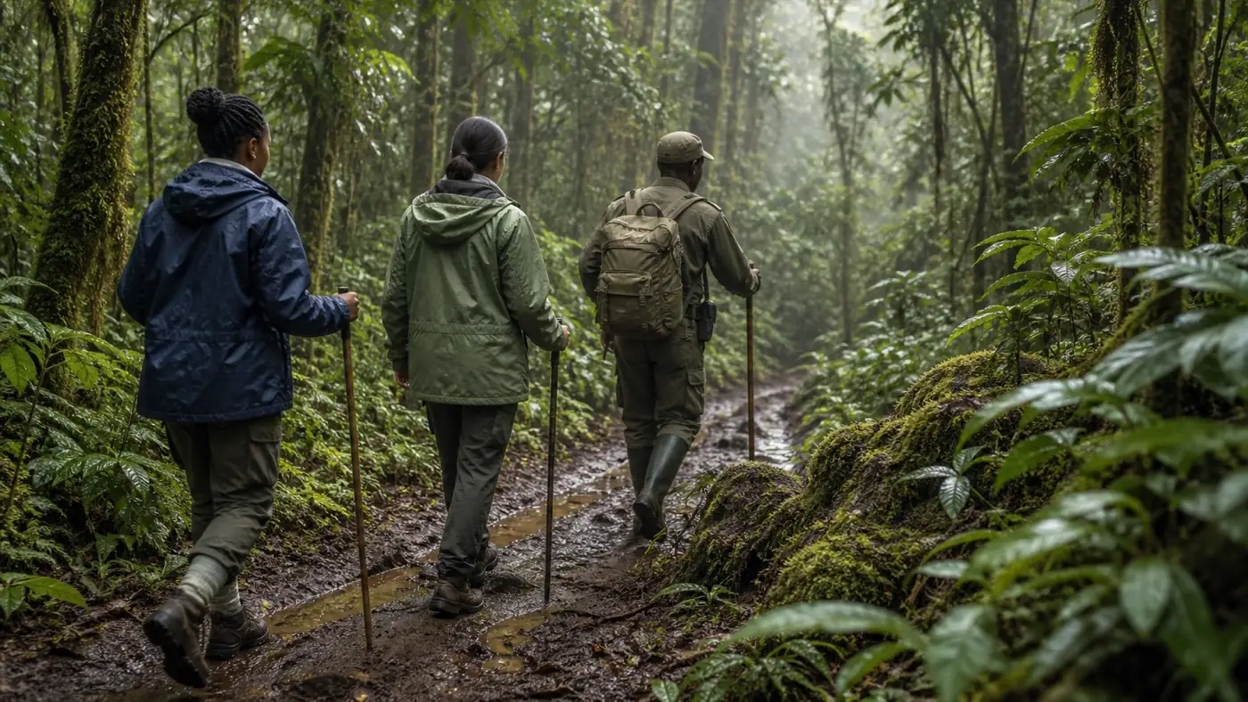 Visitors following a ranger on a muddy gorilla trekking trail