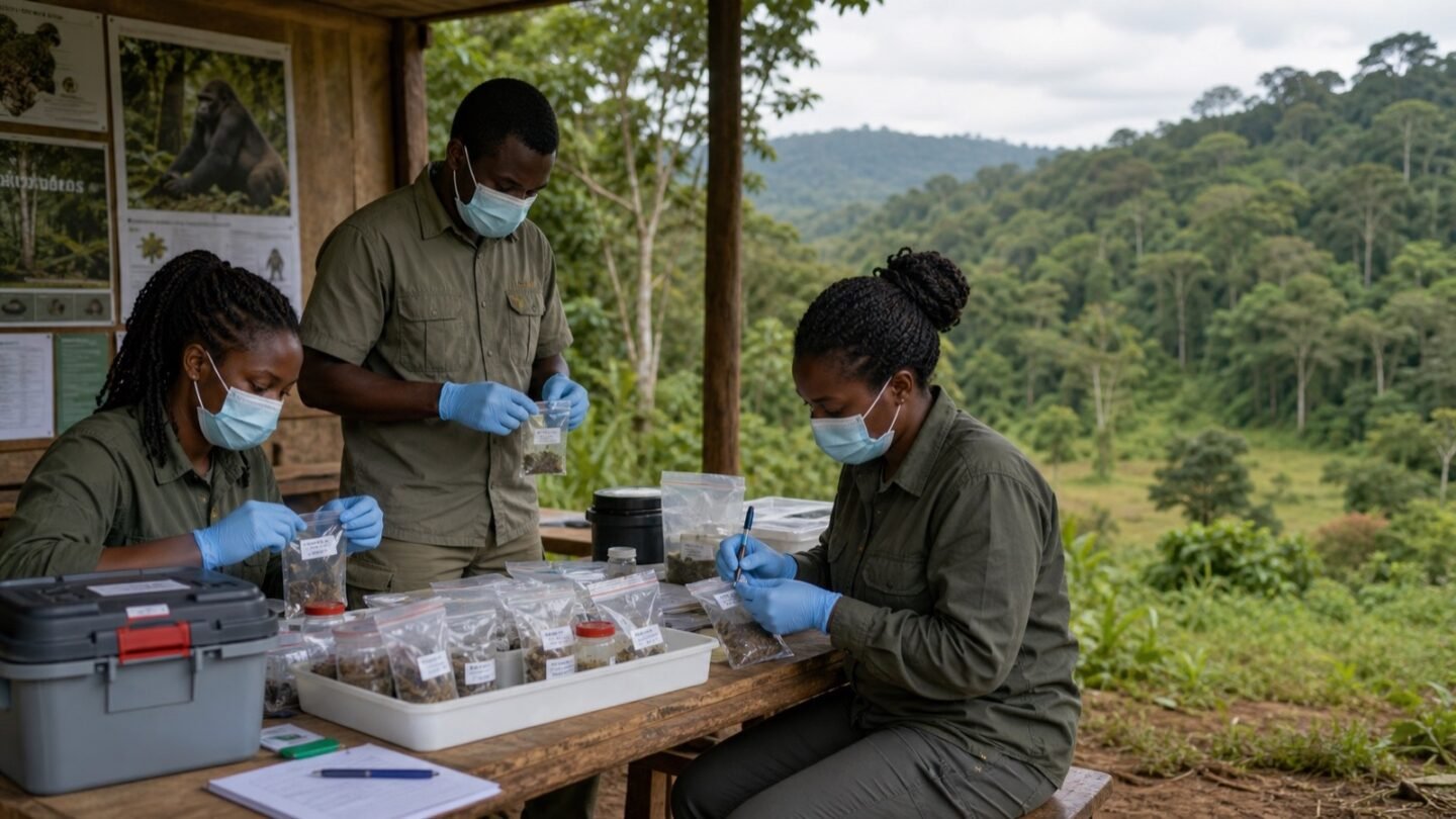 Masked wildlife health workers preparing sealed samples beside a forest landscape