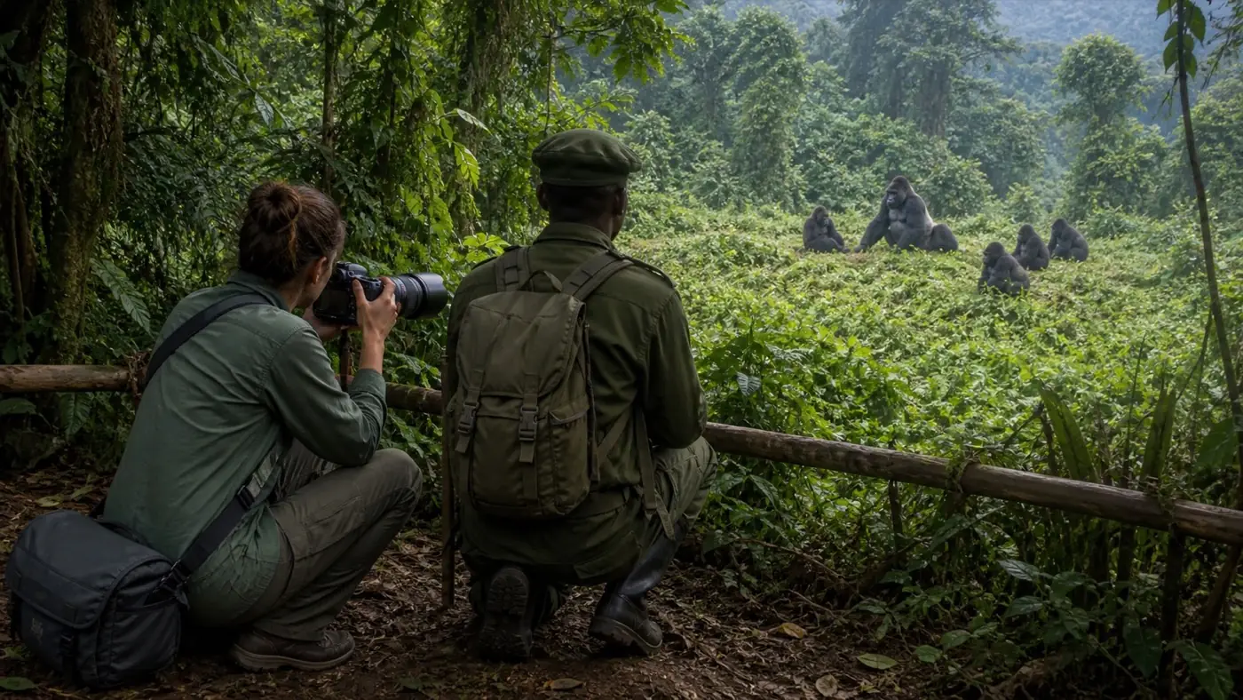 Photographer and ranger observing gorillas from a respectful distance
