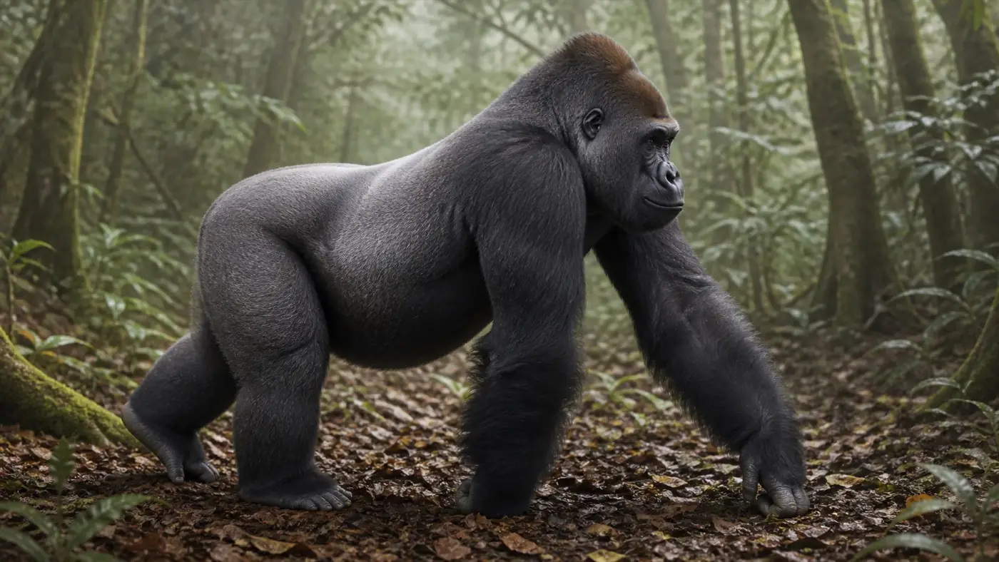 Adult gorilla knuckle-walking through forest
