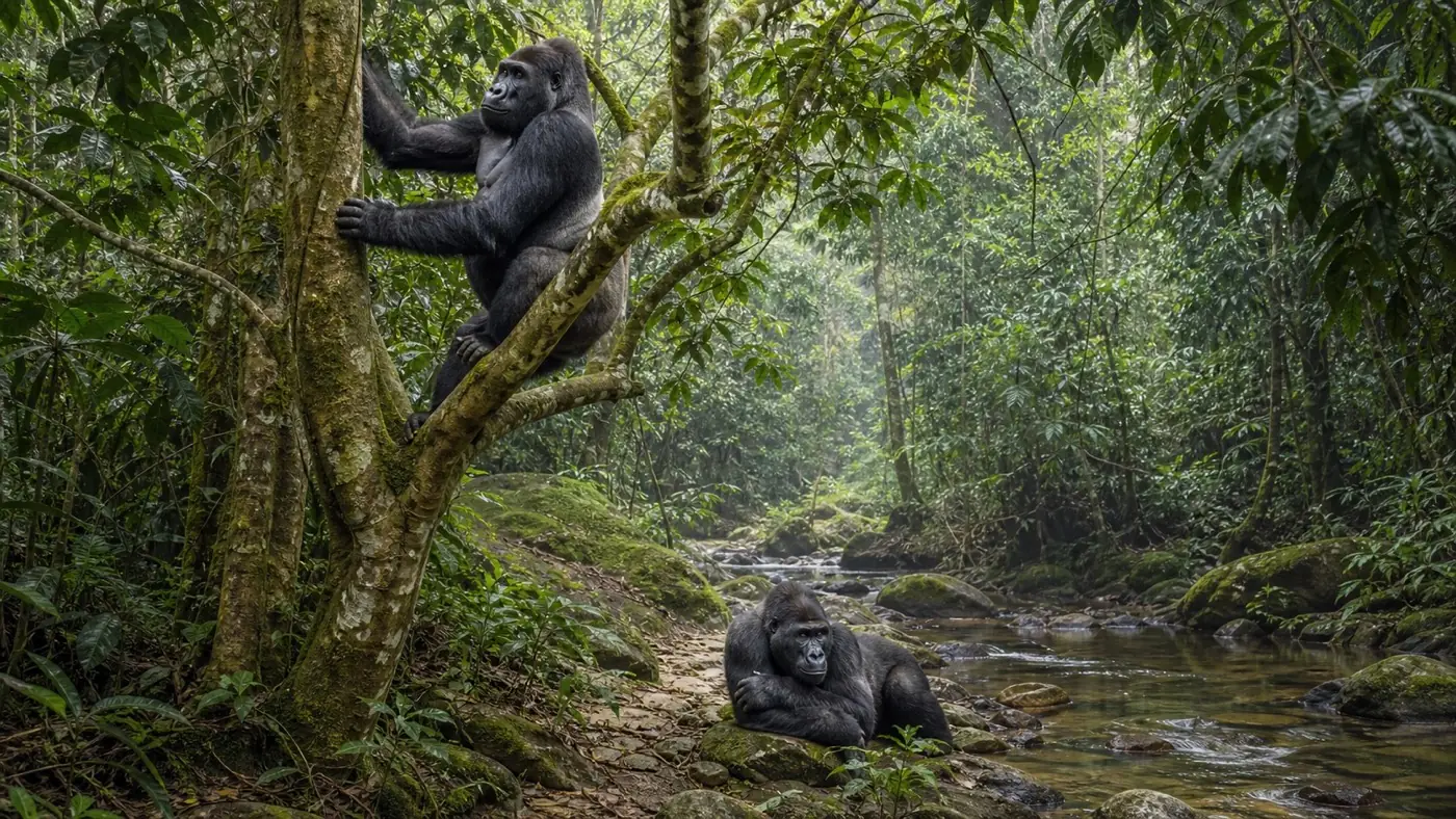 Gorillas using trees and a forest stream habitat