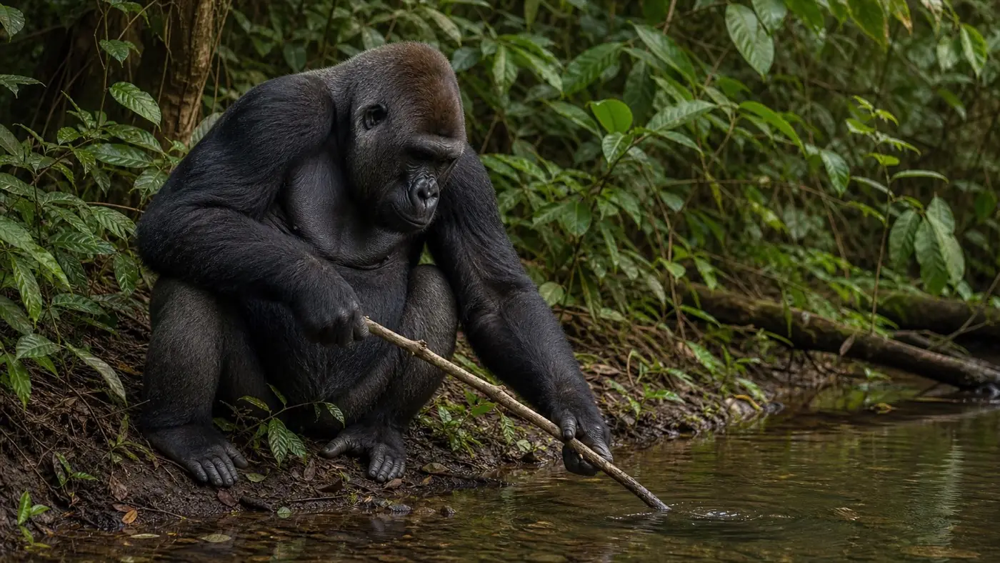 A gorilla using a stick at a forest stream