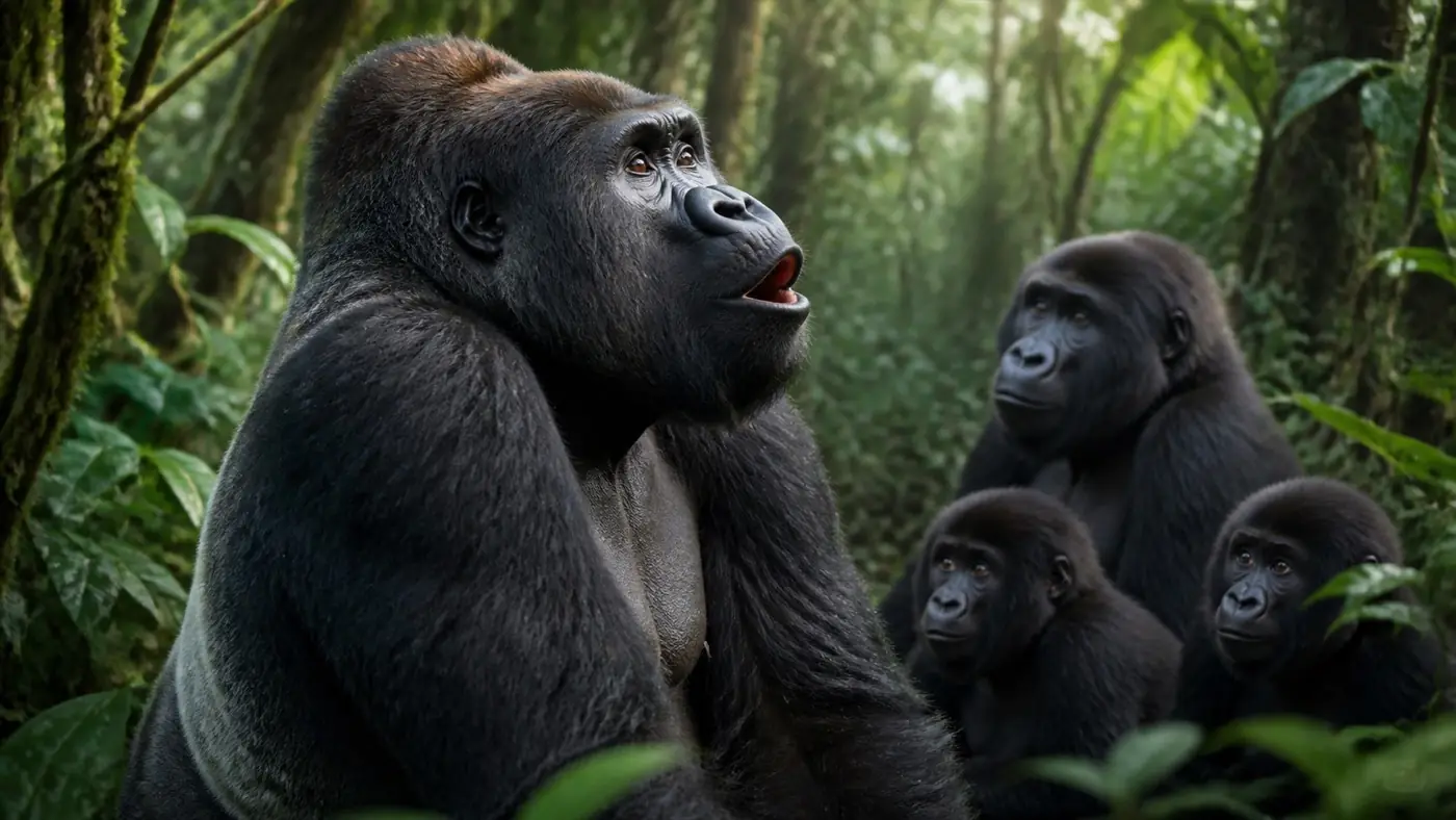Gorilla making a contact call to family members