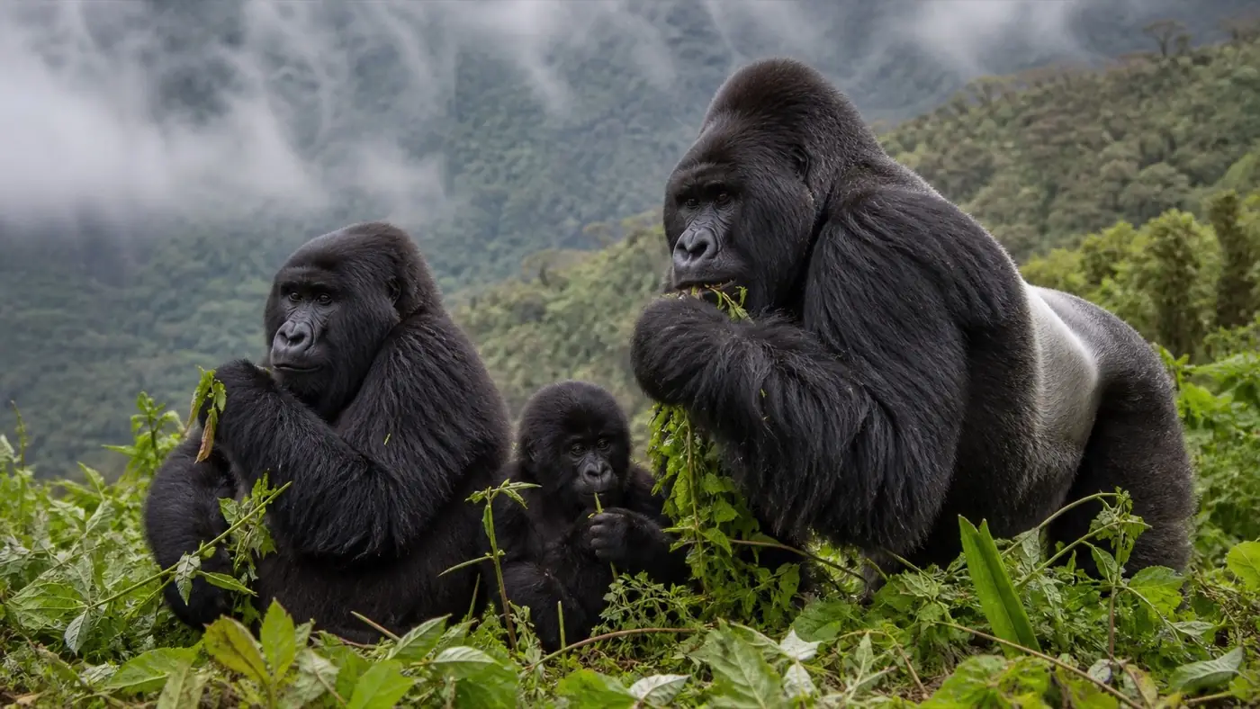 Gorilla family feeding in misty montane forest