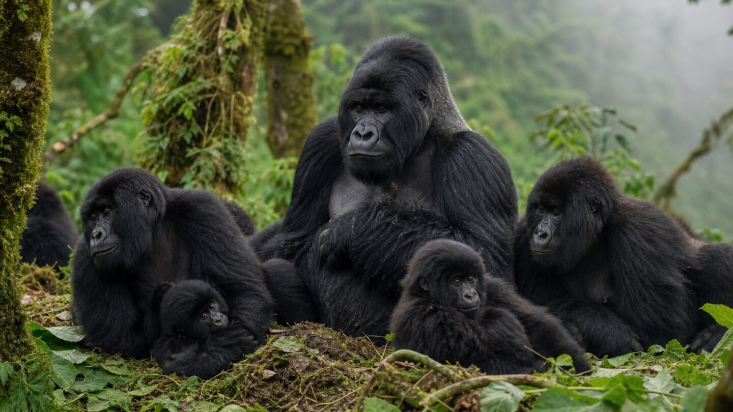 A silverback resting with adult and young gorillas in a forest clearing
