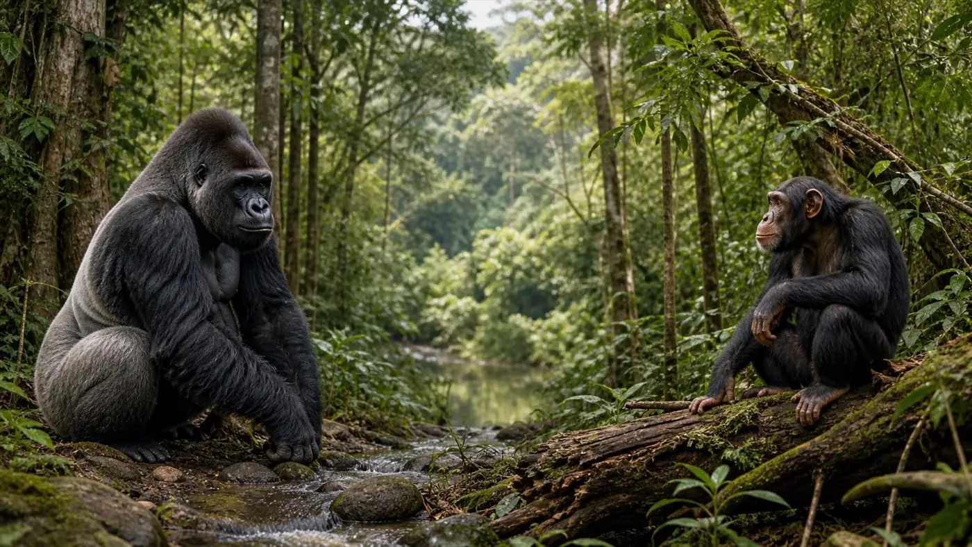 A gorilla and a chimpanzee in forest habitat