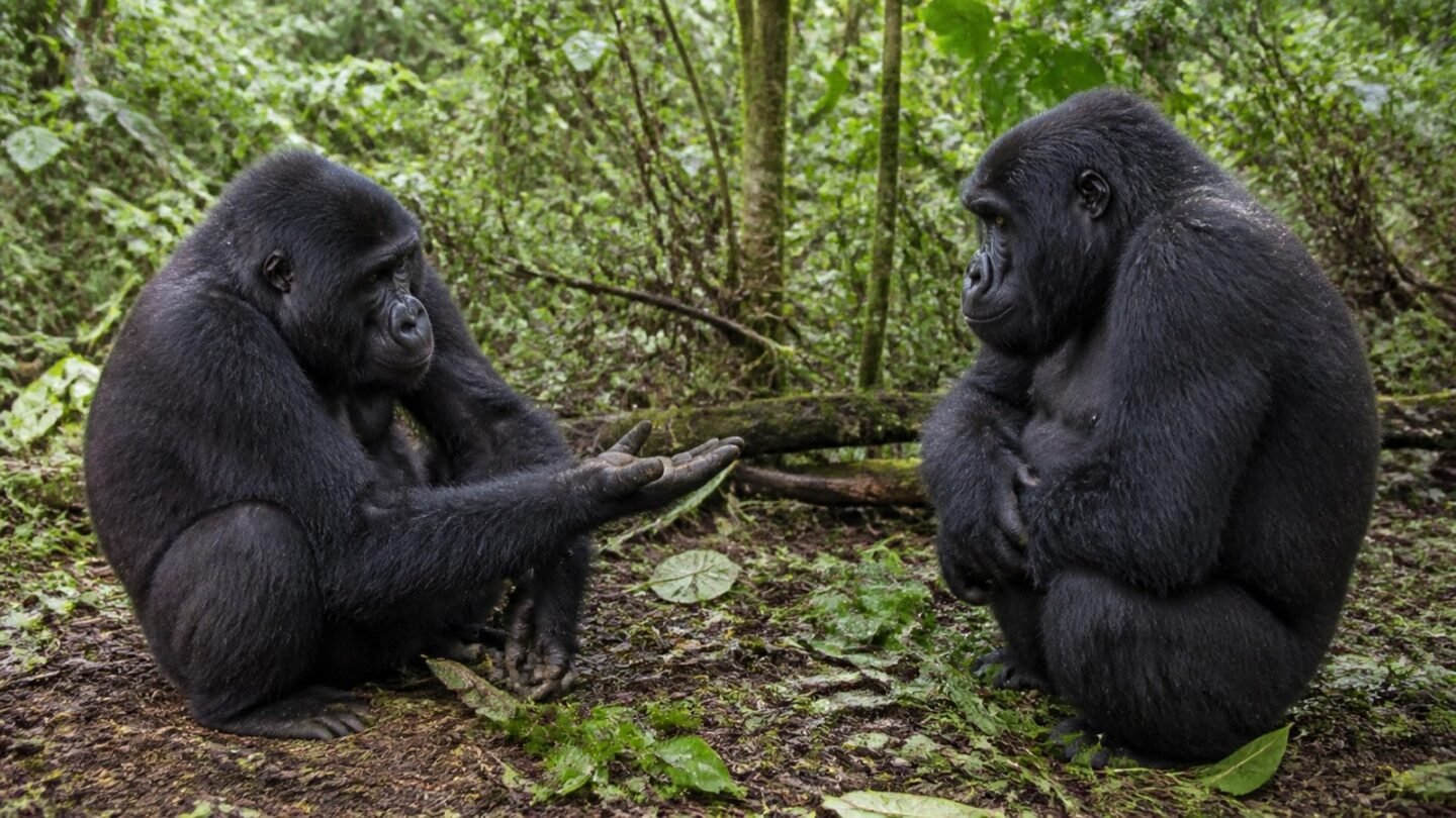 Two gorillas facing each other while one extends an open-hand gesture