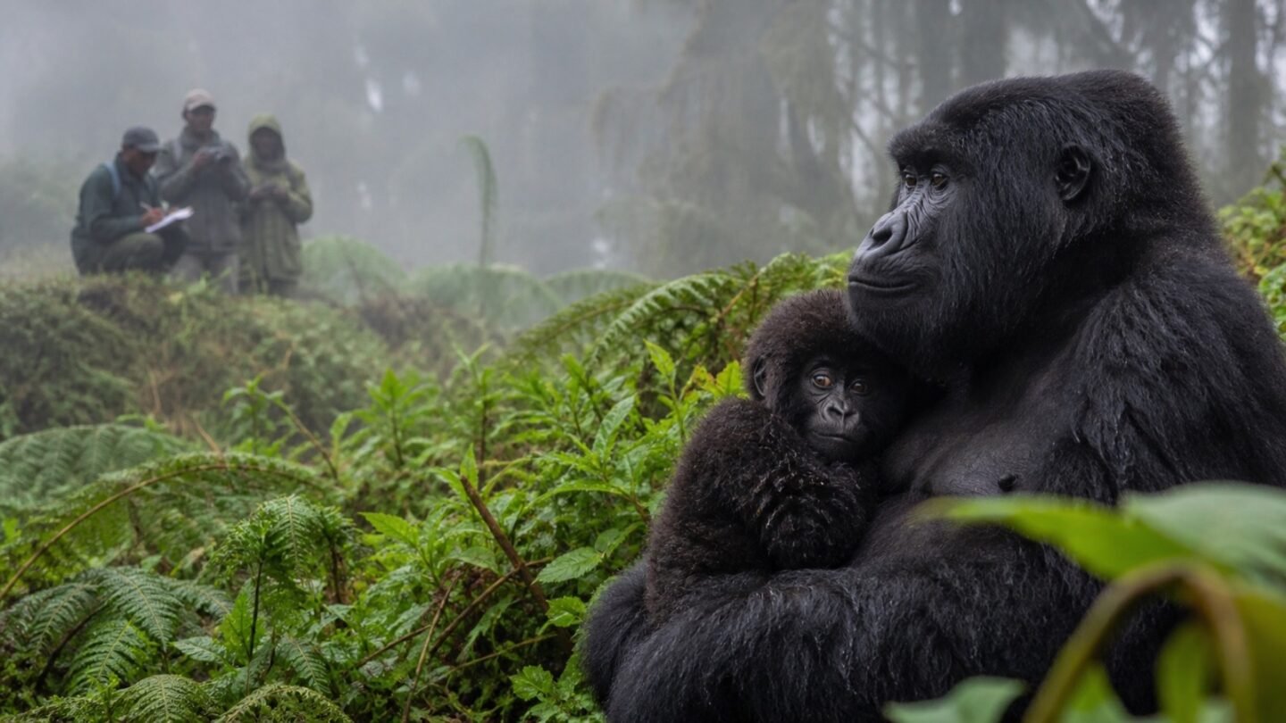 A mountain gorilla mother holding an infant while conservation trackers observe from a distance