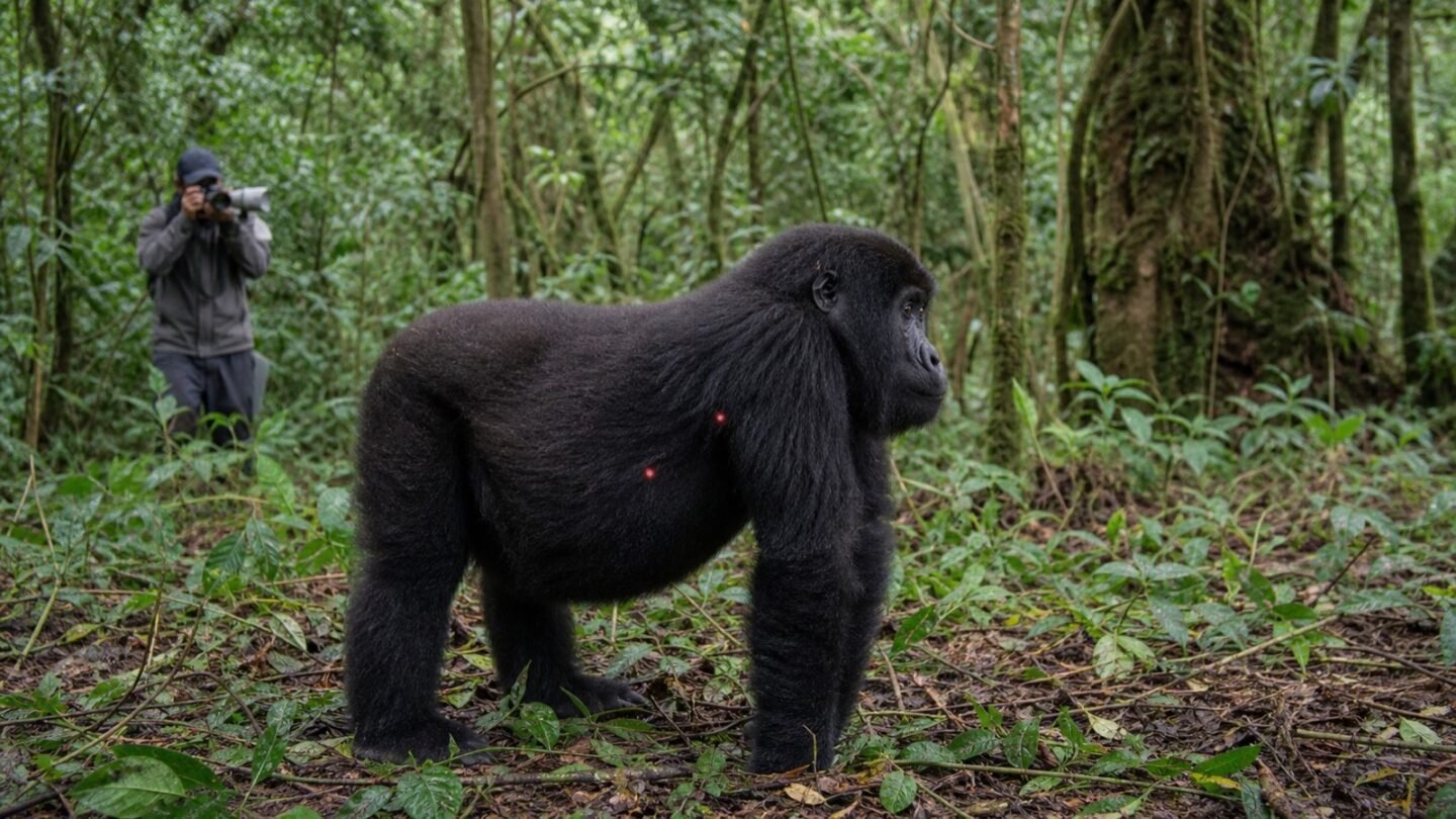 A juvenile mountain gorilla with two small measurement dots while a distant researcher takes a photograph