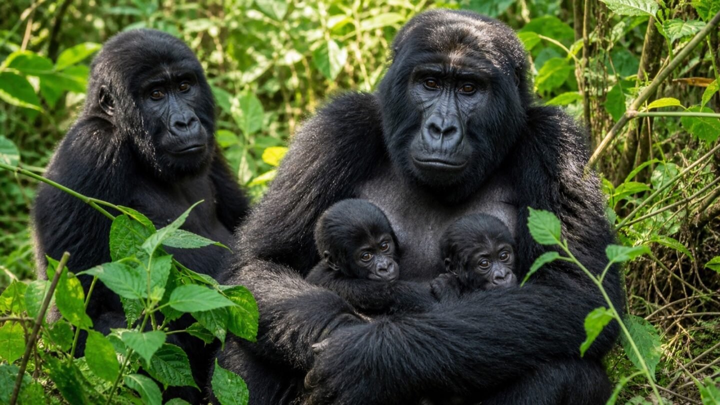 A mountain gorilla mother holding two infants with another gorilla nearby