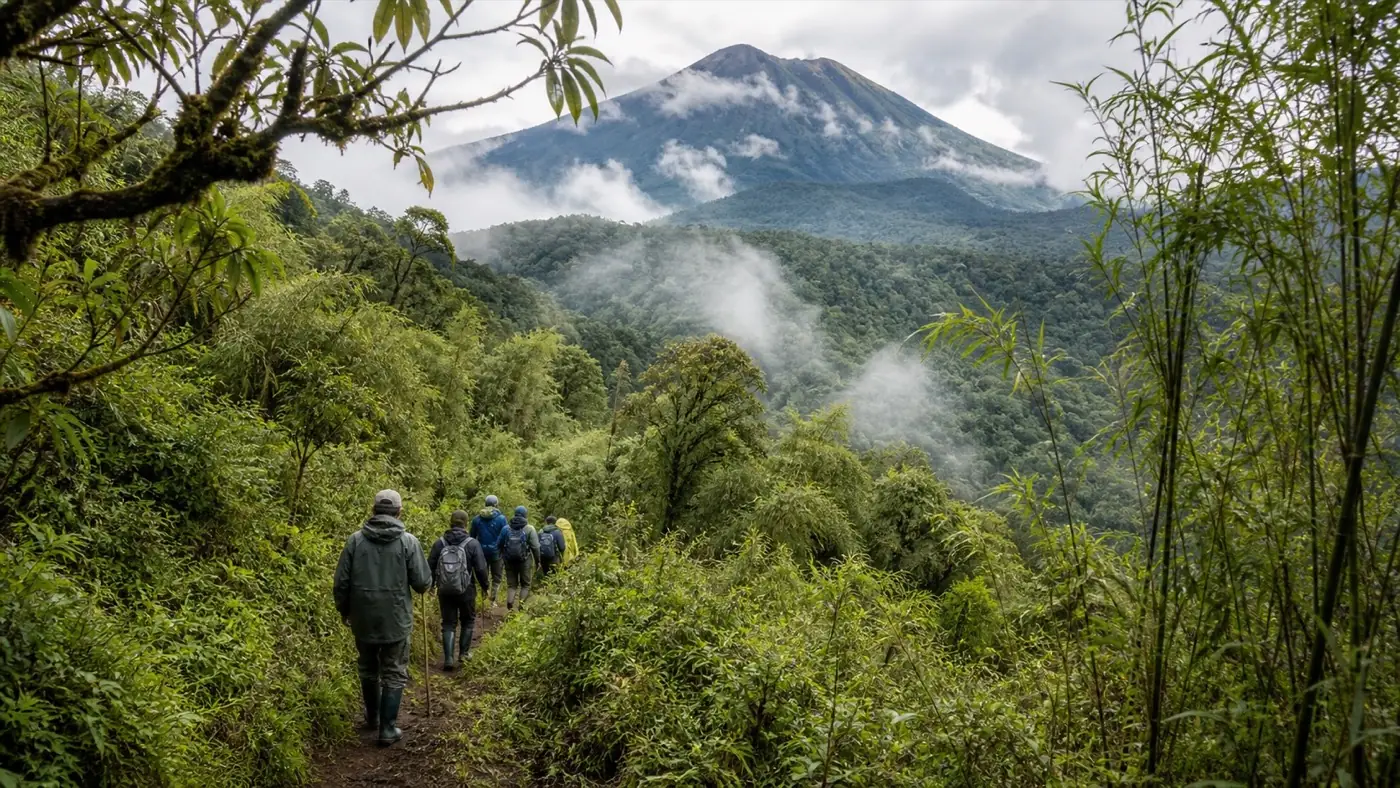 Ranger-led trekking group in misty volcanic forest
