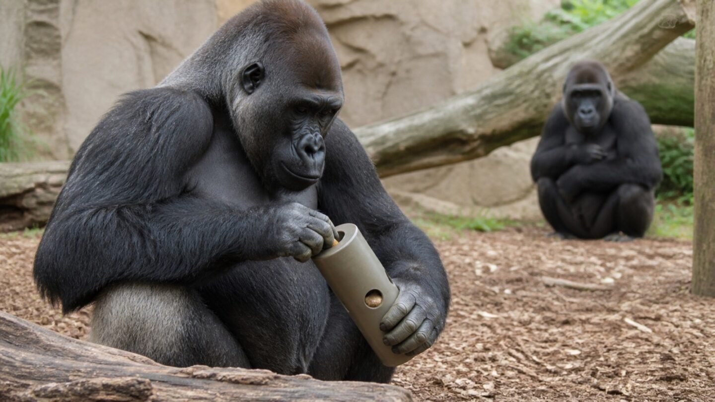 A western lowland gorilla manipulating a cylindrical food-extraction enrichment device